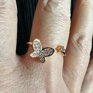 NIB Pretty Bird Rose Gold Plated CZ Pave Butterfly Open-front Adjustable Ring OS